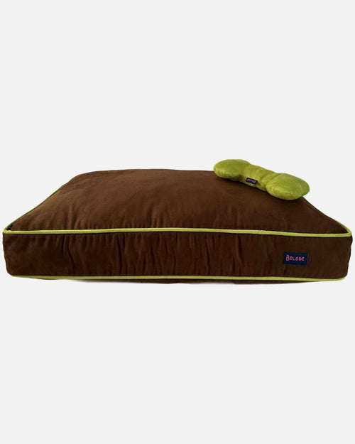 CHOCOLATE DOG BED WITH GREEN EDGING